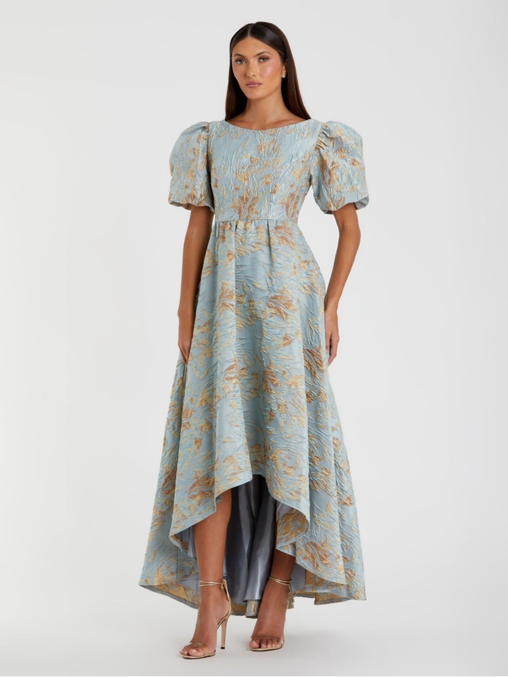 Mac Duggal 11608 Blue Brocade Puff Sleeve High Low Gown Size 6 NWT